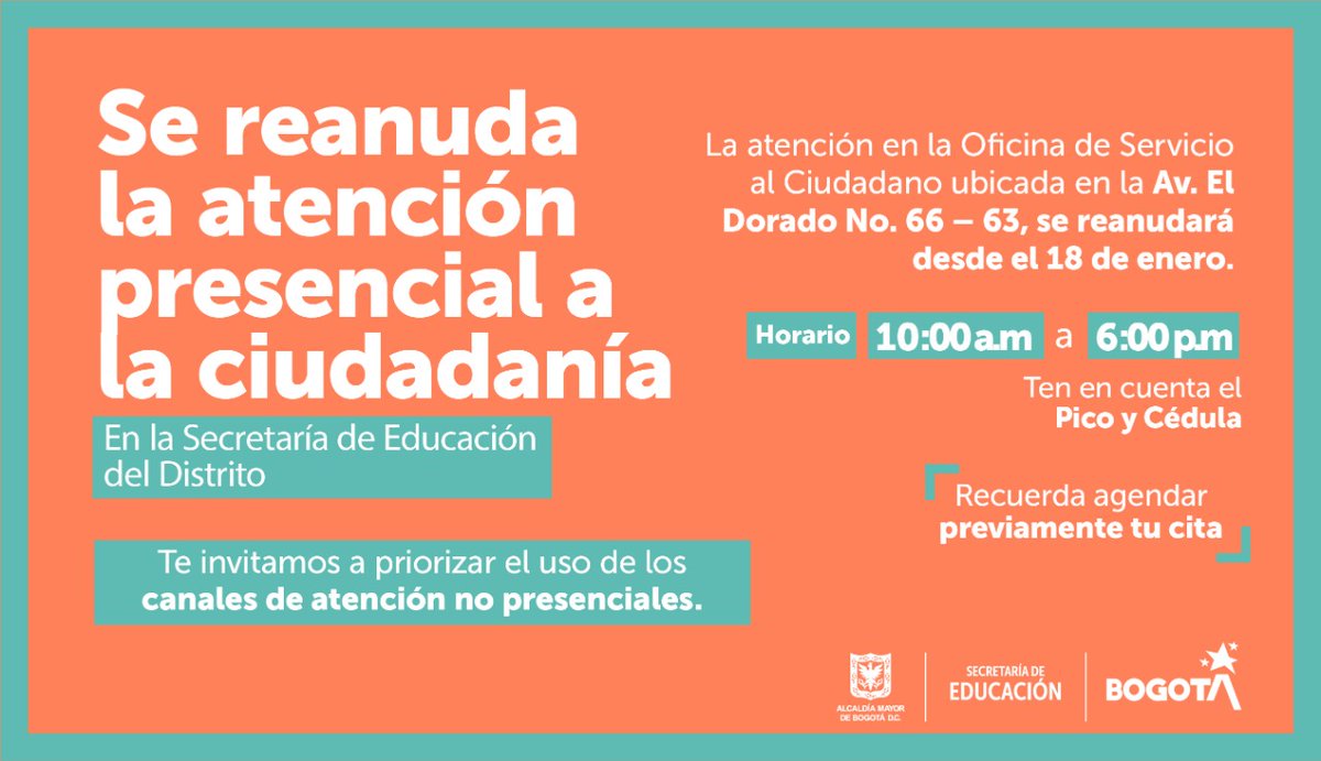 ☝ Con el levantamiento anticipado de la cuarentena estricta en la localidad de #Teusaquillo, la oficina de Servicio al Ciudadano de la Secretaría de Educación reactivará la atención a la ciudadanía a partir del lunes 18 de enero 👉 https://t.co/9tzCbXfqTM https://t.co/J2kRFOkWPm