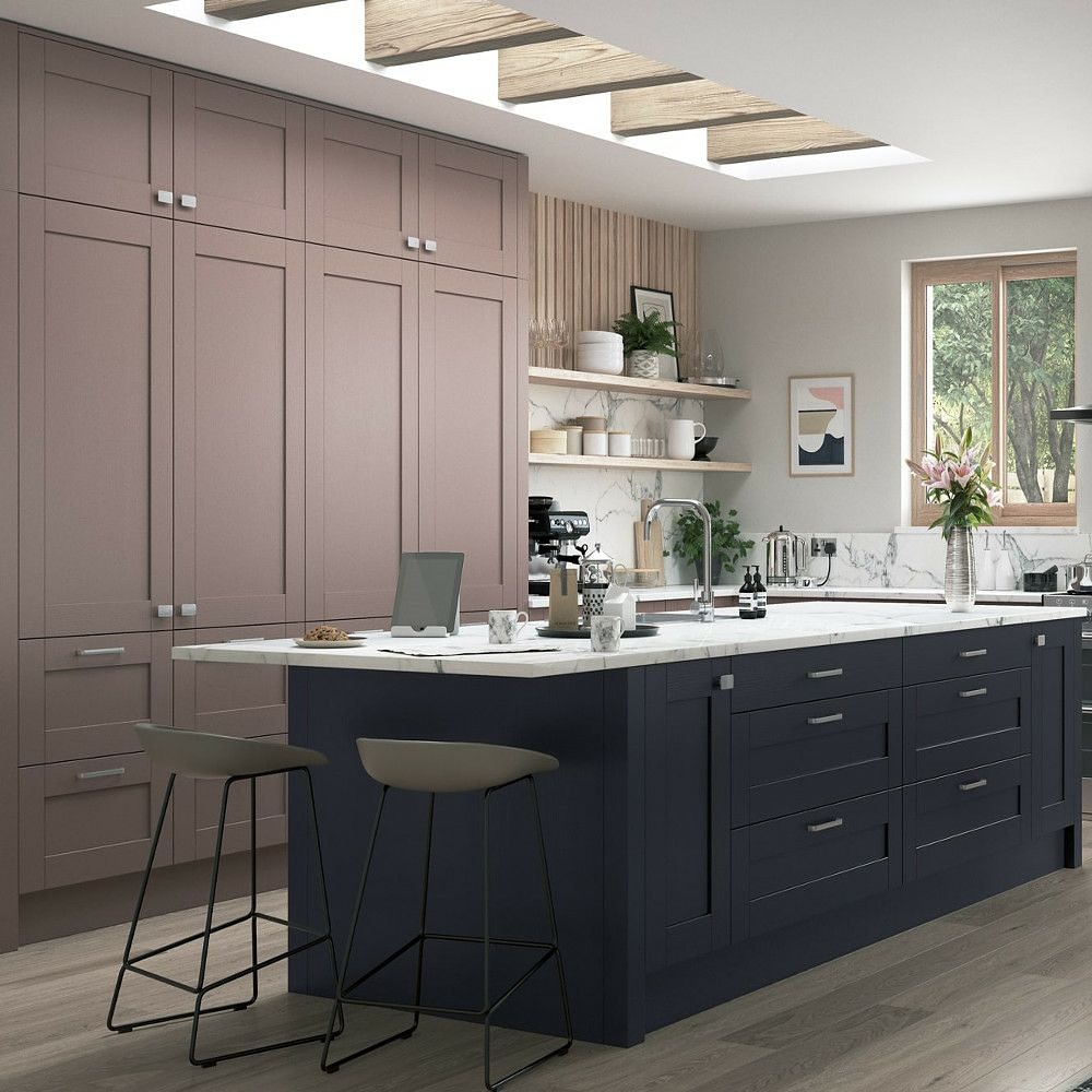 AesthetixLtd's tweet photo. RHYTHMIC DRAMA 
Tall shaker units in light pink create a calm aura to the heart of home while royal blue brings the masculinity to create a rhythmic drama 💙💖
#Colourfulkitchen #shakerkitchen #pinkkitchen #kitchenideas #colourfulinteriors #kitchenmakers #bluekitchen #renovation https://t.co/ZRcFn3I8AH
