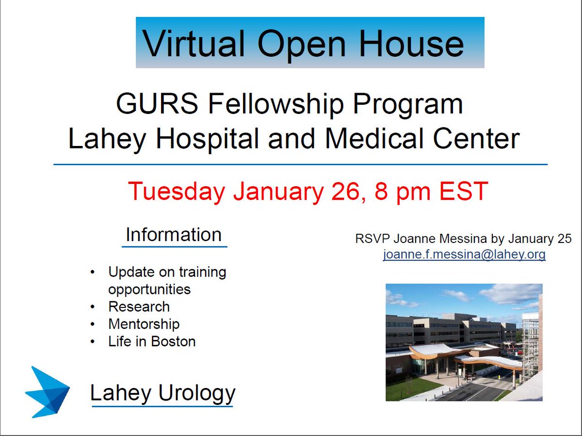 Lahey Urology (@laheyuro) on Twitter photo <a href="/LaheyUro/">Lahey Urology</a> GURS Fellowship Program will be hosting a Virtual Open House. Register to learn more about this amazing opportunity! <a href="/LaheyUro/">Lahey Urology</a> GURS Fellowship Program will be hosting a Virtual Open House. Register to learn more about this amazing opportunity!