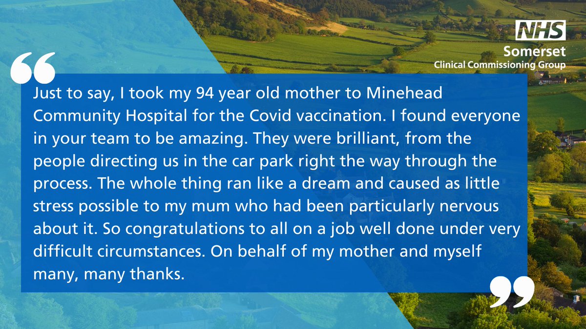 NHSSomerset's tweet photo. Feedback like this really makes all the hard work worth it! 

It has been a truly humbling experience for us all. Thank you to everyone across #Somerset who has turned up so far for your vaccination 👍

#StayWellSomerset https://t.co/wjfBJwNQNQ