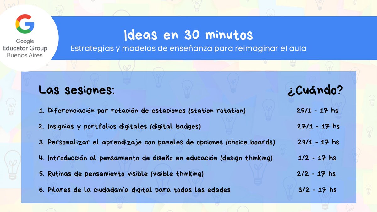 GEGBuenosAires's tweet photo. ¿Ya te anotaste a los webinars 💡ideas en 30 minutos 💡? Una serie con estrategias de implementación para seguir repensando nuestras prácticas en el aula

Vas a trabajar competencias de #aplicaciónTIC y #gestióndelaula del marco #UNESCO 

¡registrate! 🔗https://t.co/7r8hdjm1PL https://t.co/ujwWxPrcv8