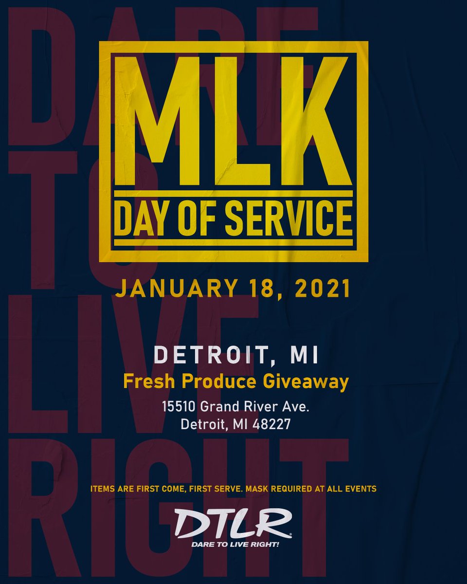DTLRVILLA's tweet photo. ✊🏾  Join us Mon., Jan. 18th for #MLKDayOfService in four (4) cities!

#Atlanta
#Detroit
#Chicago
#Philadelphia

"Life's most persistent question is, what are you doing for others?" - Martin Luther King, Jr.

#DTLR
#MLKDay
#DareToLiveRight
#MartinLutherKing
#DTLRCommunityOutreach https://t.co/QZVSJvD1dy