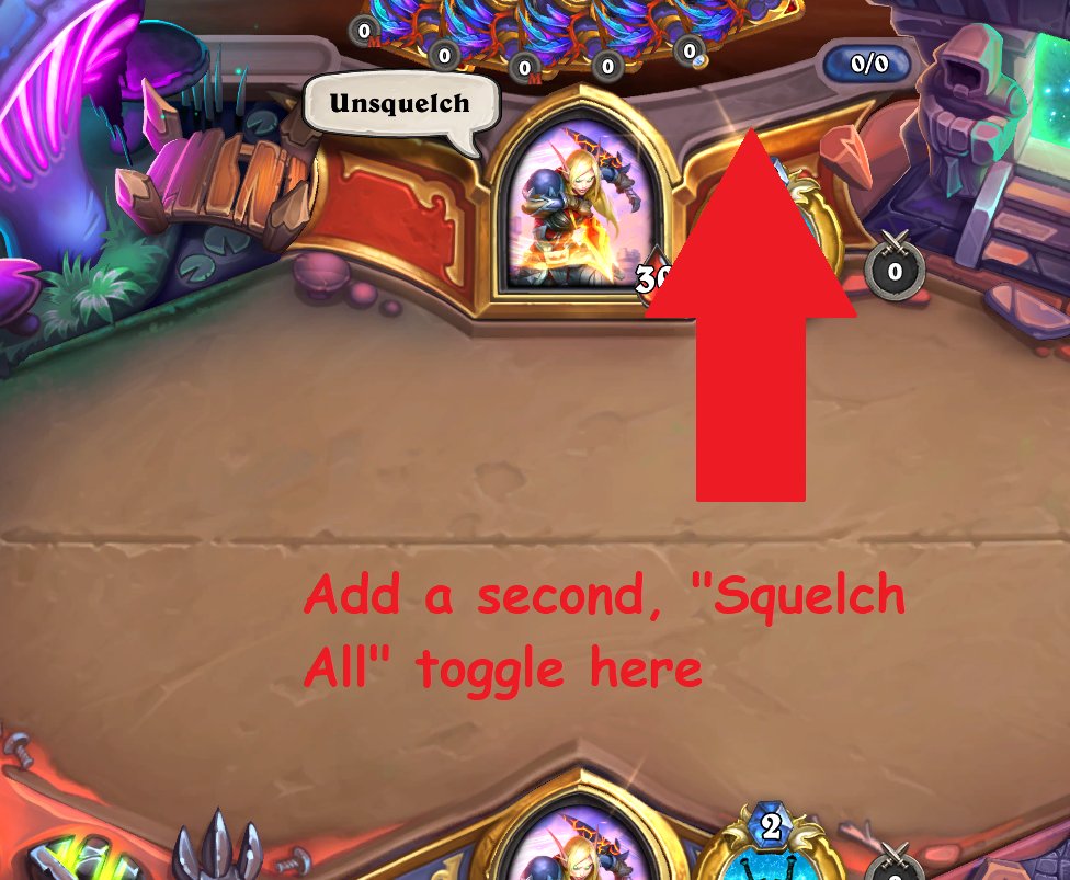 A second "Squelch All" On/Off toggle could be added in the blank space next to the existing squelch. While this is another button, it doesn't take up additional UI space or change existing functionality. Very mobile friendly and discoverable with current squelch