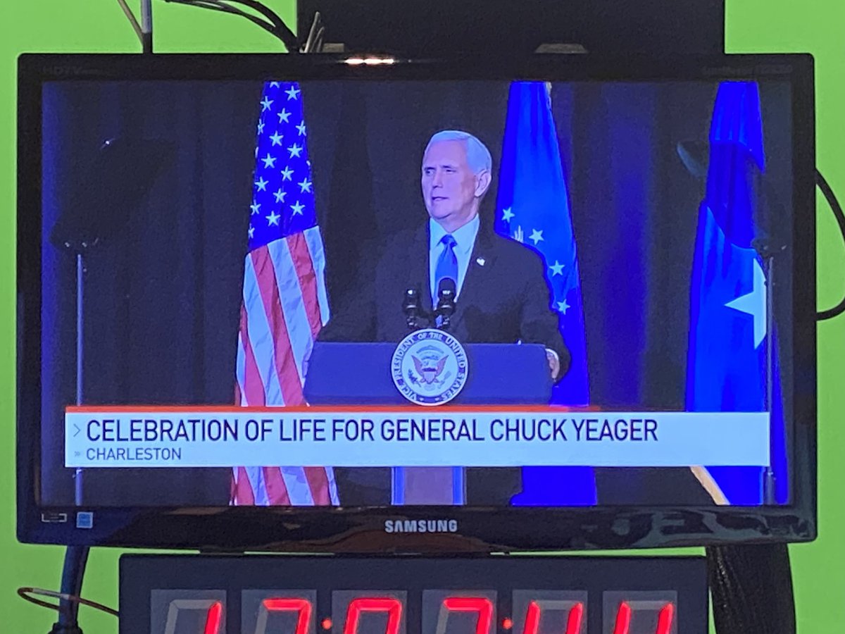 HAPPENING NOW: @VP Pence honors the life of Gen. Chuck Yeager, “one of the greatest heroes in American history.” Yeager, the 1st person to fly faster than the speed of sound, grew up in humble beginnings in WV - “so deep in the holler, they had to pump in daylight.” @wchs8fox11
