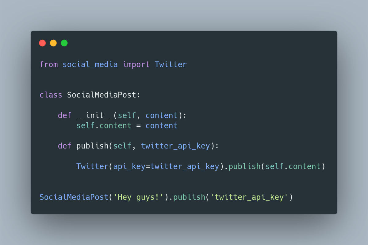 Let's take a look at the example.We have SocialMediaPost which can be posted on TwitterHere comes the problem - our SocialMedia post now depends on Twitter's implementationIf it changes, SocialMediaPost must change.Our code is not very flexible