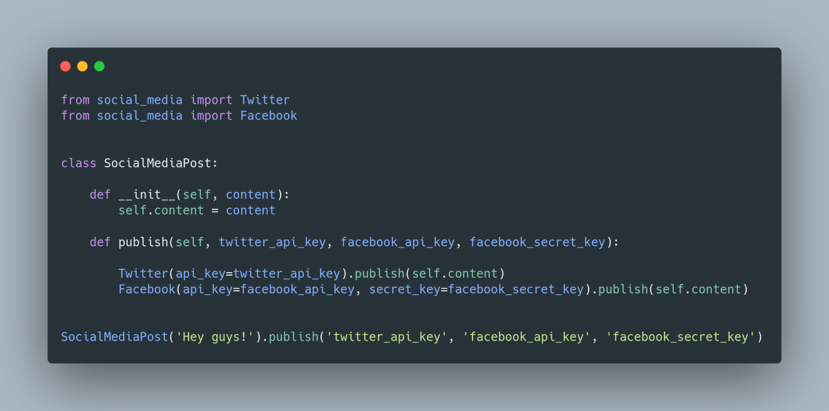 Also, if we want to post on Facebook too out code will get even more dependentNow it's dependent on Twitter and Facebook implementation