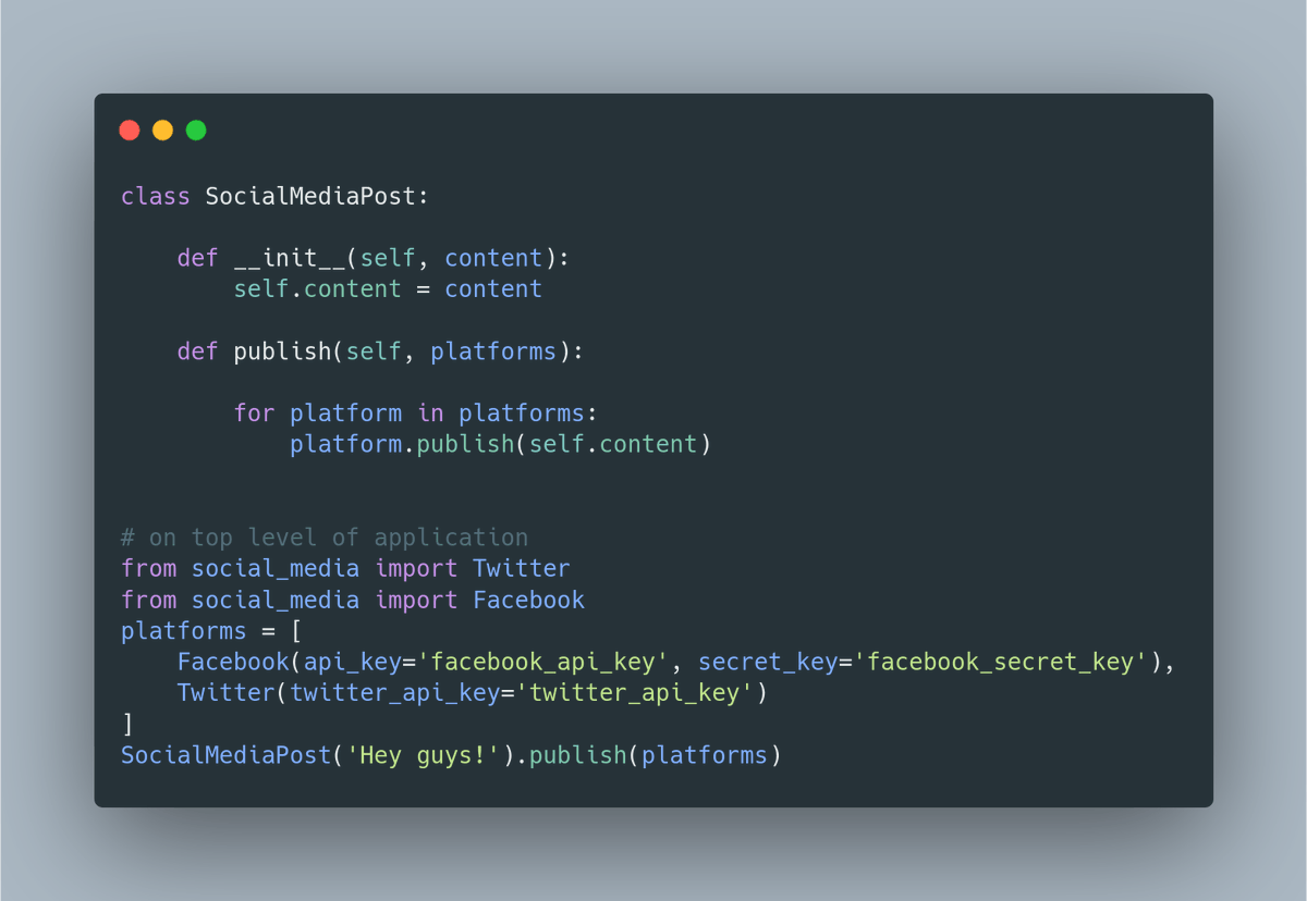 We can inverse this dependency. SocialMediaPost can accept a list of platforms on which to publishNow it only depends on the publish method.To put it ducky way - if it publishes the content it's a social media platform.