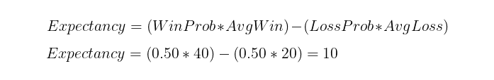 Expectancy is how we measure our expected returns, were we to keep trading in the same way.We can calculate the Expectancy of a trading strategy with the formula below. Our example strategy gives us a positive value (therefore we expect to profit over the long term).(5/12)