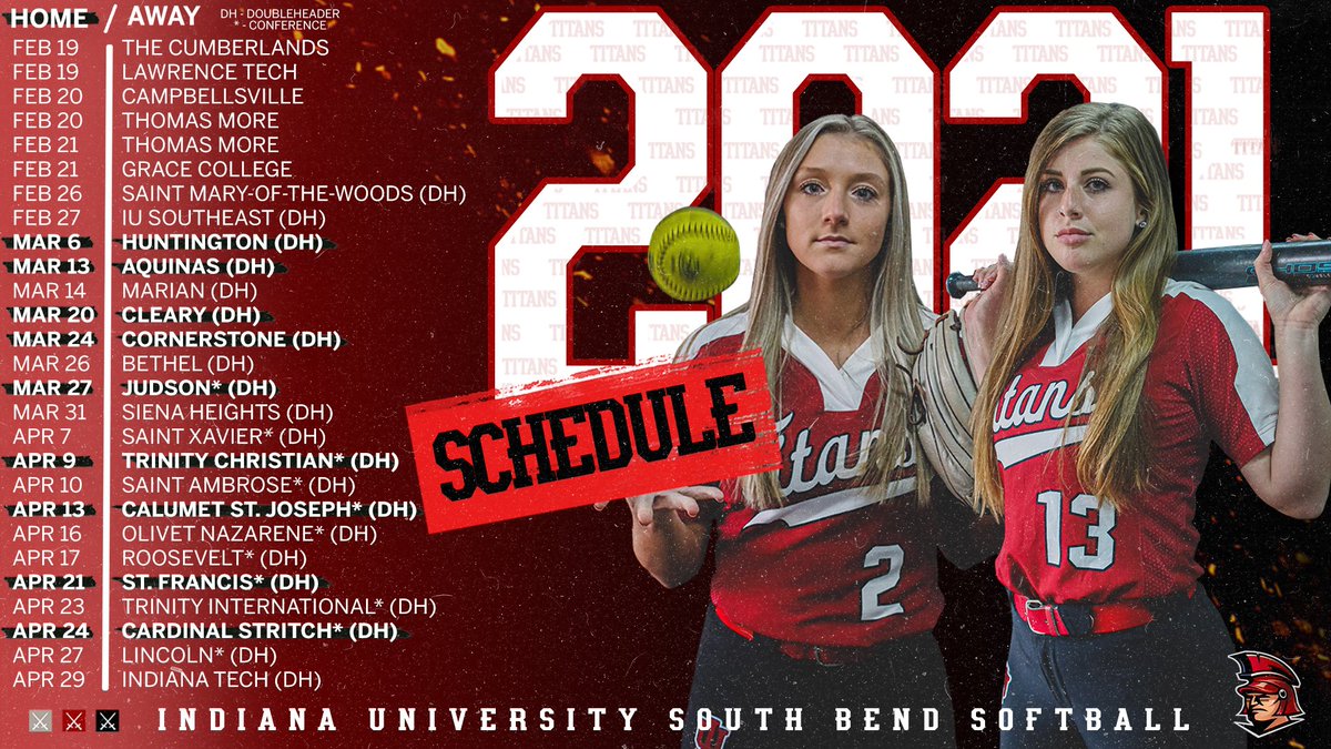 IUSBTitans's tweet photo. 𝟮🥎𝟮𝟭 𝗦𝗢𝗙𝗧𝗕𝗔𝗟𝗟 𝗦𝗖𝗛𝗘𝗗𝗨𝗟𝗘

@IUSBsoftball starts its season in Oneida, Tenn. for the Bear Creek Tournament. The Titans host nine doubleheaders at Dick Pfeil Field starting with Huntington on March 6th. #TITANpride⚔️

FULL📅: https://t.co/TpID2Ye5rL https://t.co/XKuWj7zpfq