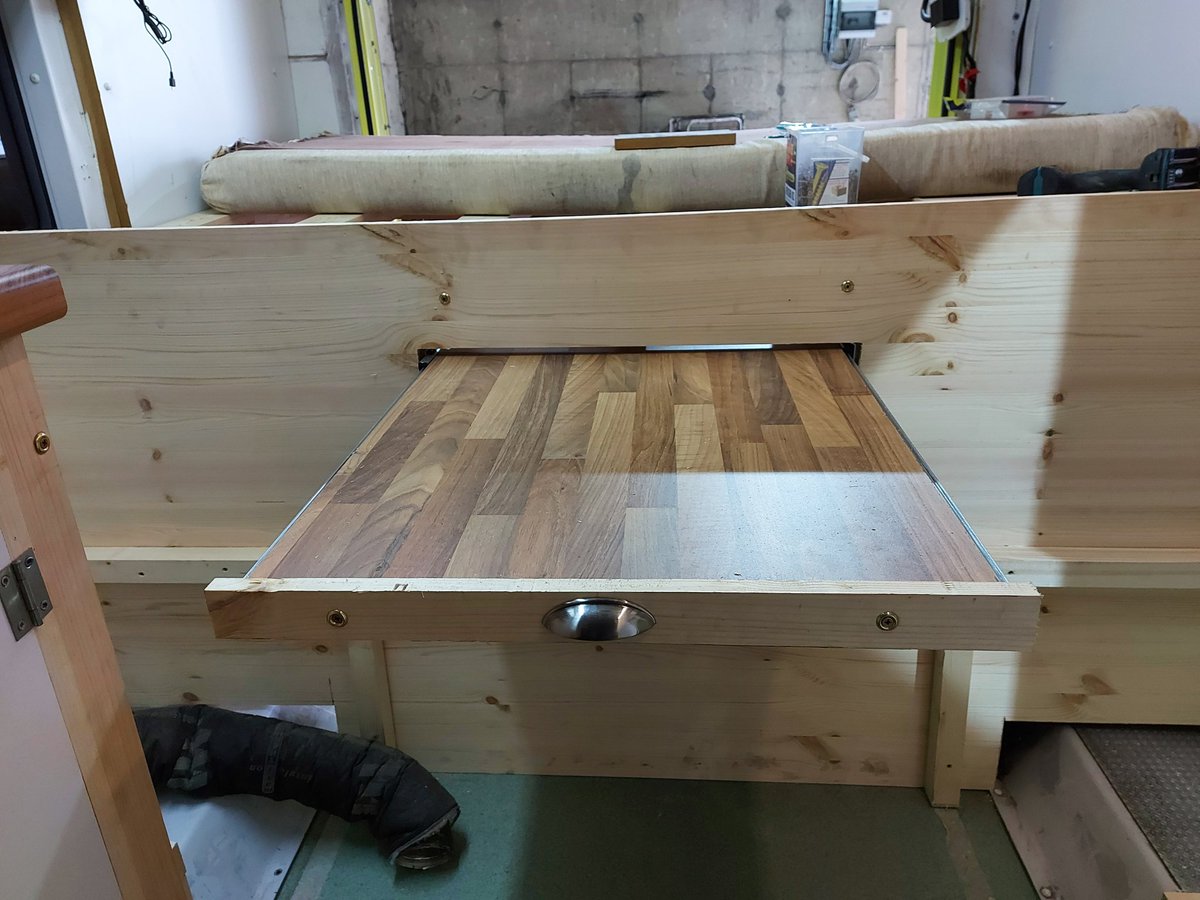 ABurchael's tweet photo. We got the slide out table and countertop fitted in The Van Build today @GlueGary @TheCampingCrew @MWMurphyAndSon #vanbuild #selfbuild #vanbuilds https://t.co/CgnKfrw1xC