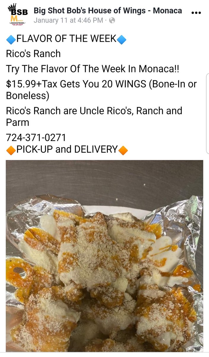 BSBMonaca's tweet photo. FLAVOR OF THE WEEK
🚨 RICO'S RANCH 🚨
Try the Flavor of the Week in Monaca!!  $15.99 + Tax Gets you 20 WINGS!!! ( Bone-in or Boneless) 
Rico's Ranch is Uncle Rico's, Ranch, and Parm.  724-371-0271
PICKUP and DELIVERY! https://t.co/6HXMtsIall