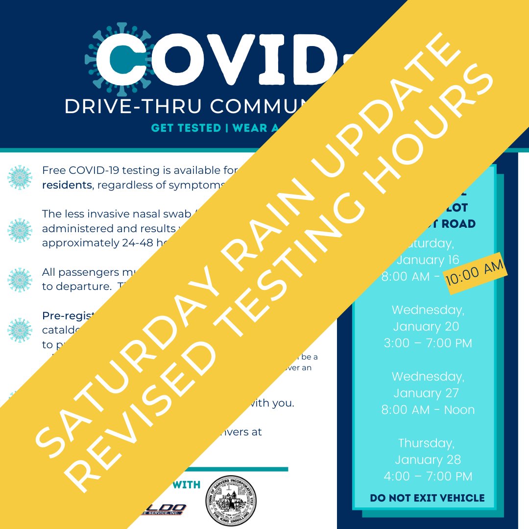 COVID Testing Update: Testing scheduled for Saturday at High School from 8 AM-10 AM (due to rain we have shortened the hours ☔️💦 Testing originally scheduled to Noon)  If you pre-registered for after 10, arrive anytime between 8-10

#danversma #COVID19 #COVIDtesting #timechange