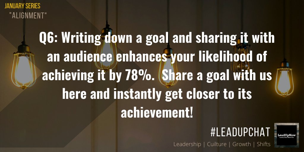 Our final Q!

Q6:

Writing down a goal and sharing it with an audience enhances your likelihood of achieving it by 78%.

Share a goal(s) with us here and instantly get closer to its achievement!

#leadupchat