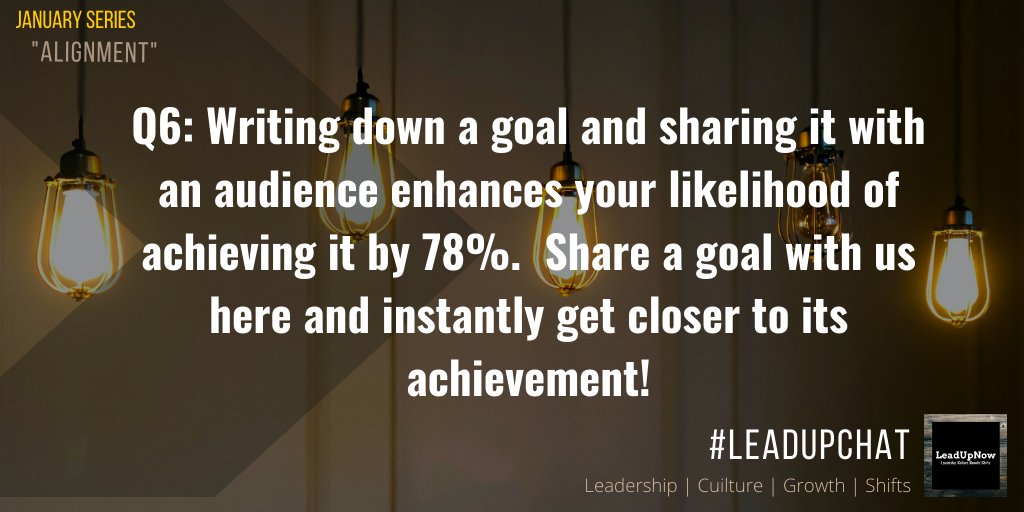 Our final Q! Q6: Writing down a goal and sharing it with an audience enhances your likelihood of achieving it by 78%. Share a goal(s) with us here and instantly get closer to its achievement! #leadupchat