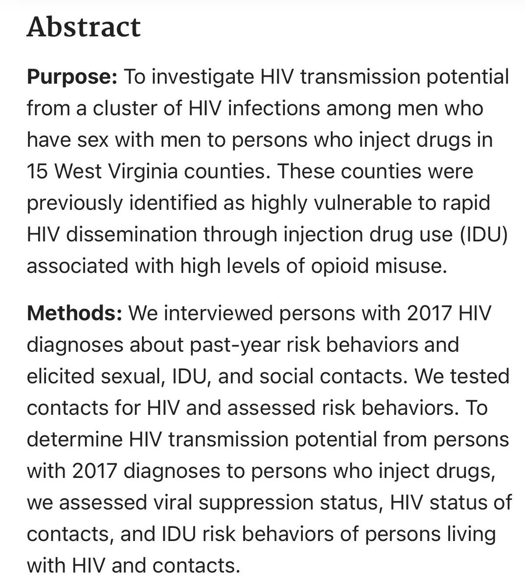 Here’s a study from 2019 again tying HIV cases to IV drug use in WV instead of sexual contact. There are dozens of these, and thousands if you expand out-of-state.  https://pubmed.ncbi.nlm.nih.gov/30967302/&nbsp;
