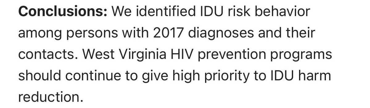 Here’s a study from 2019 again tying HIV cases to IV drug use in WV instead of sexual contact. There are dozens of these, and thousands if you expand out-of-state.  https://pubmed.ncbi.nlm.nih.gov/30967302/&nbsp;