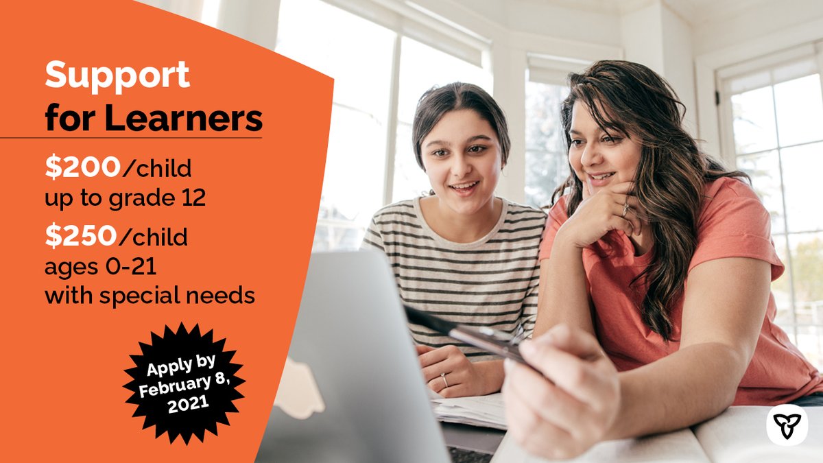 ONeducation's tweet image. We know parents can use a little extra help during these difficult times.

Our Support for Learners program puts money back in your pocket to help cover some of the learning costs for your children.

Application deadline is Feb. 8, 2021.

Visit: Ontario.ca/SupportForLear….