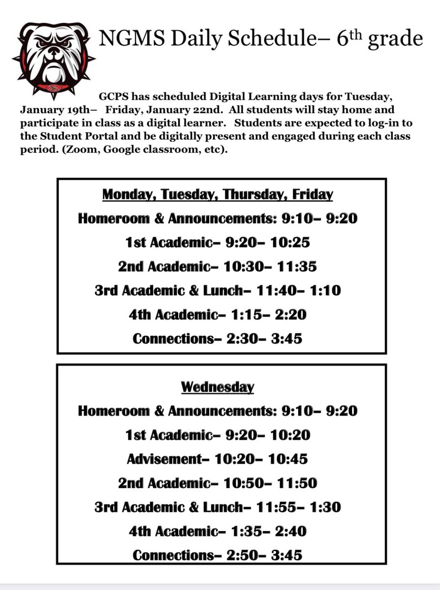 NGMSBulldogs's tweet photo. Digital Days Schedules 1/19-1/22 https://t.co/yREXR2ZnXQ