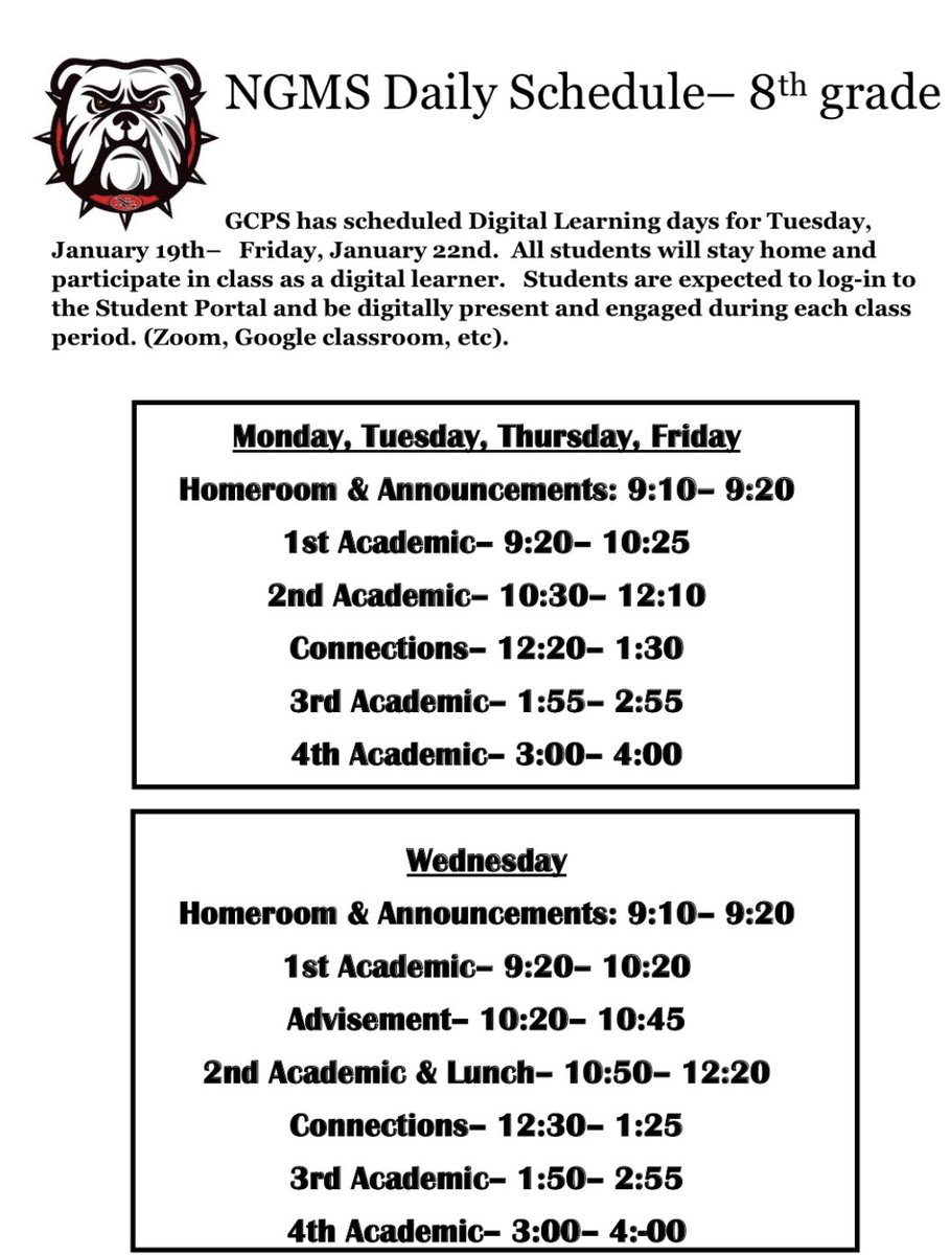 NGMSBulldogs's tweet photo. Digital Days Schedules 1/19-1/22 https://t.co/yREXR2ZnXQ