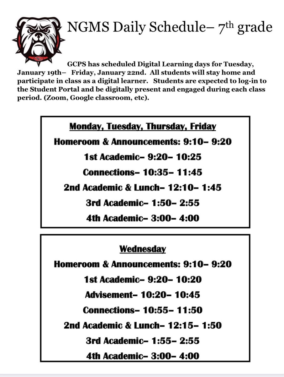NGMSBulldogs's tweet photo. Digital Days Schedules 1/19-1/22 https://t.co/yREXR2ZnXQ