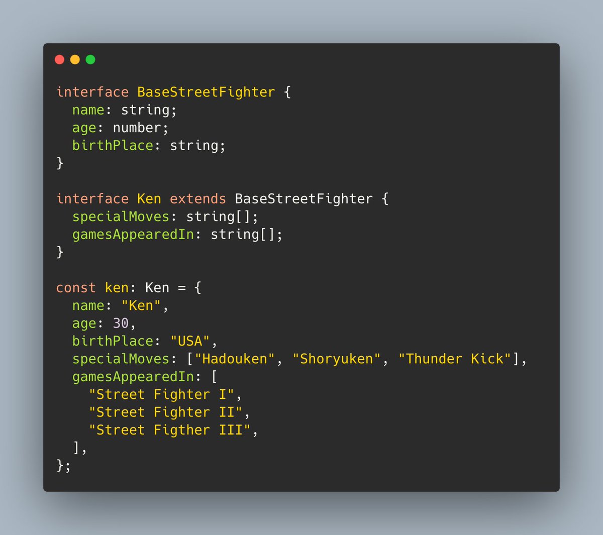 What if you wanted to combine properties from one type or interface into another? This is also possible for both! It is known as “type intersection” for types and the “extends” keyword for interfaces. I like using interfaces in this case as I feel it reads a bit cleaner.