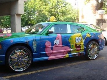 Another major subtype is "custom paint job." This is usually of a beloved media, like the SpongeBob car shown here. There was a very similar one driving around Hampton I would see frequently.