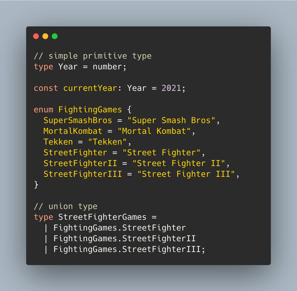 Now let’s talk about the differences. With types, you are able to assign a type alias to a simple primitive type (string, number, boolean) if you’d like. This is not possible with interfaces. In addition, you are able to create union types (also not possible with interfaces).