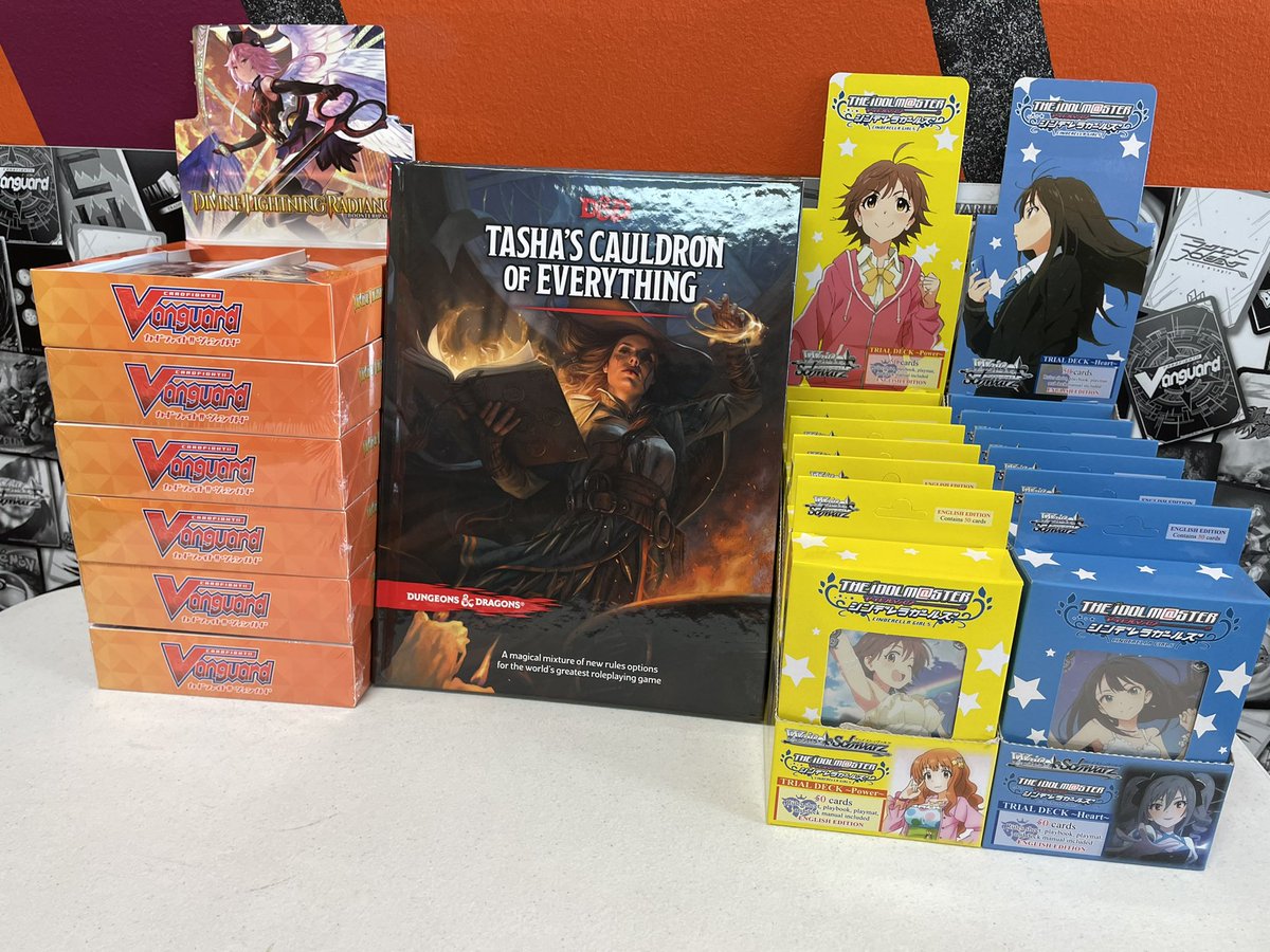 RogueGames1's tweet photo. Tasha’s Cauldron of Everything is back on the shelves! We also managed to get Divine Lightning Radiance restocked as well. Finally we have some new Weiss Schwartz trial decks for Idol Master! #bushiroad #DnD #flgs #cardfightvanguard https://t.co/ObVJDGWsUk
