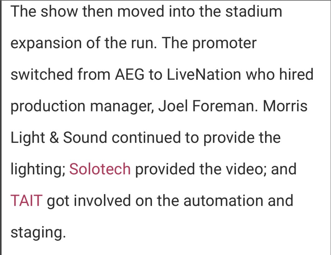 “arena was a challenge as the only equipment that was the same was some of the bespoke scenic elements. All vendors changed frm Korea to US as did many of the lighting & video products”- “The show then moved into the stadium expansion. The promoter switched frmAEG to LiveNation+