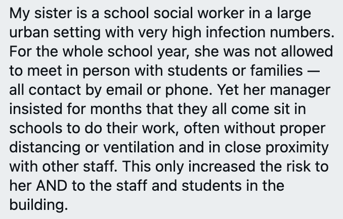 School social worker who was not allowed to see students/families in person and who was also not allowed to do her virtual meetings from home is finally home now because school closures were actually ordered while businesses were just asked. Also, WTAF?