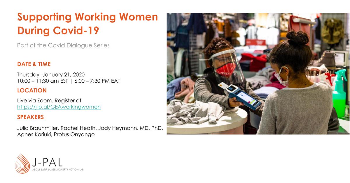 Women face additional challenges to working during #COVID19 with job loss and care responsibilities. How can employers support working women during the pandemic? Join us on Jan 21 for webinar on workplace protections. 
Register 👉  j-p.al/GEAworkingwomen
#JPALGender