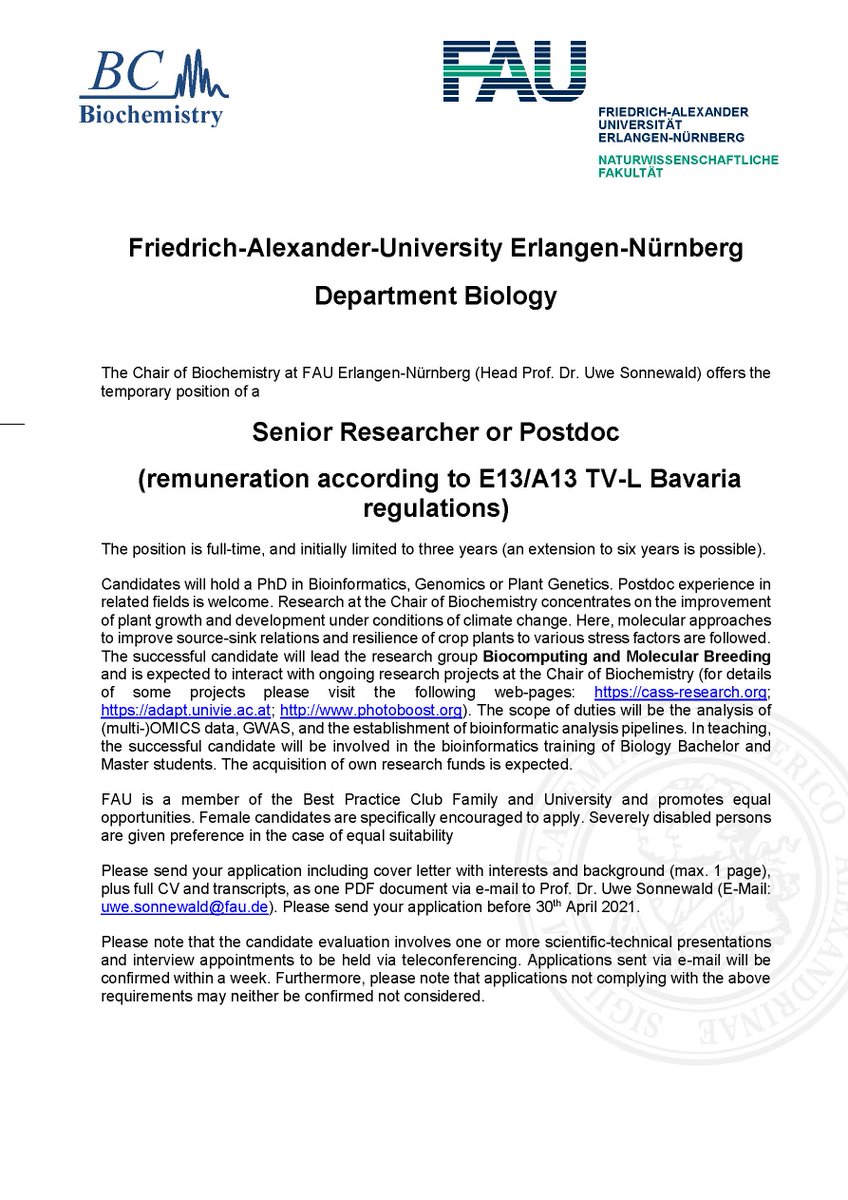 Group leader Position  in Bioinformatics and Molecular Breeding in the lab of Uwe Sonnewald at FAU in Erlangen #bioinformatics #molecularbreeding #groupleader