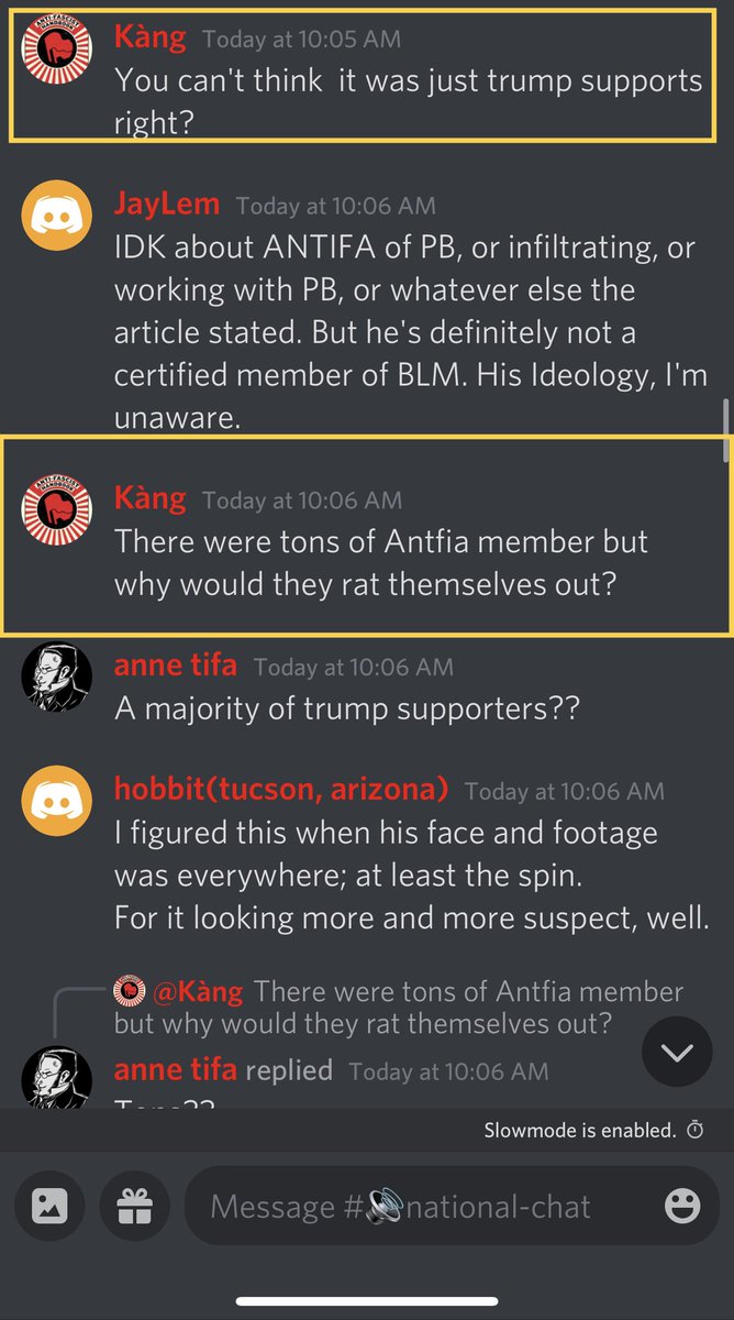 On Discord today a username Kang said today “You can’t think it was just Trump supporters.”“THERE WERE TONS OF ANTIFA MEMBERS BUT WHY WOULD THEY RAT THEMSELVES OUT.”