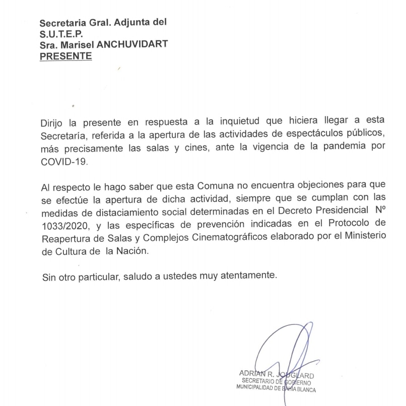 Nos complace comunicarles que a través de gestiones de este <a href="/UnidadBloque/">Bloque De Unidad Sindical</a> se logro la habilitacion para la apertura de los cines .
En un gran trabajo de todos los integrantes demostrando la solidaridad y gestion .
"MEJOR QUE DECIR ES HACER , MEJOR QUE PROMETER ES REALIZAR"
#SUTEP