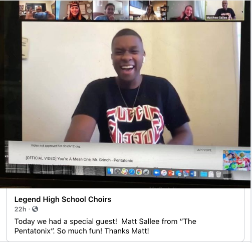 🎤 Legend High School Choir class had a very special guest yesterday. Pentatonix Matt Sallee popped into the virtual class for a fun visit!