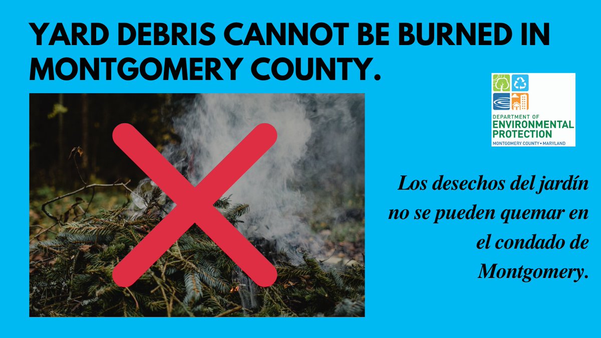 MyGreenMC's tweet image. Yard debris cannot be burned in Montgomery County. Be smart. Be safe. #FirePit #BackyardFire #MocoLawns