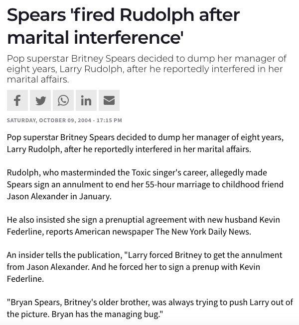 Britney had to fire her manager Larry Rudolph after he continued to interfere in her marital affairs.  #FreeBritney