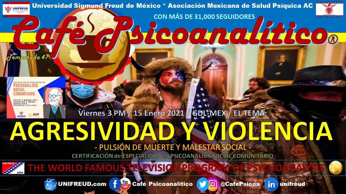 CafePsicoa's tweet image. Hoy, Viernes de @CafePsicoa Café Psicoanalítico trataremos el tema: #AGRESIVIDAD Y #VIOLENCIA - #PULSION DE #MUERTE Y #MALESTAR #SOCIAL

#unifreud #amsp #CafePsicoanalitico #psicoanalisis #psicopatologia #SigmundFreud #JacquesLacan #MelanieKlein