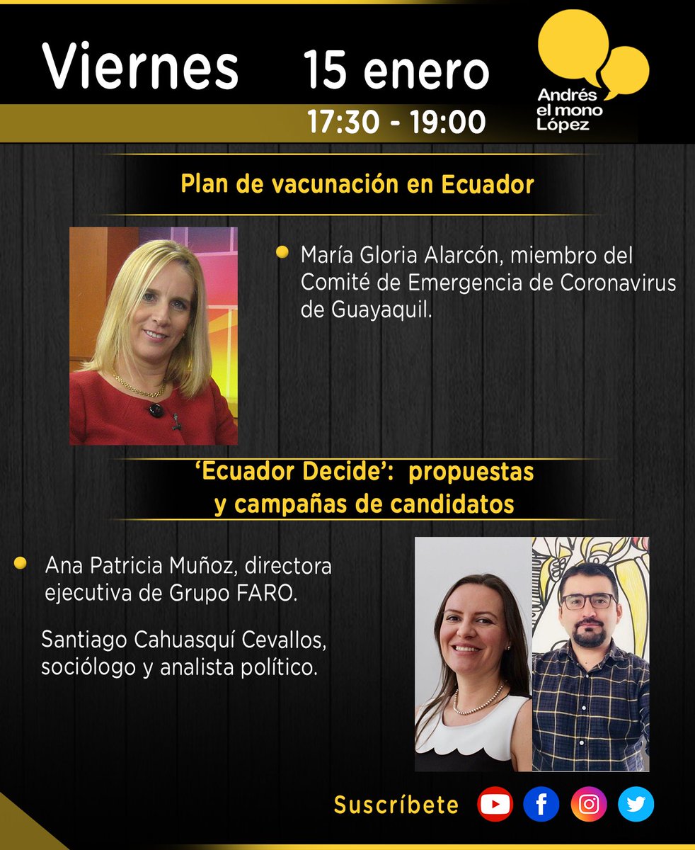 andreselmonol's tweet photo. Agenda #viernes 15/enero
Iniciamos 17h30 por: 

#YouTube 👉🏼 https://t.co/urWnY5vurk

#Facebook 👉🏼 https://t.co/lGe6G8pcHW

#PeriodismoSinFiltro.

@mgaa65 
@DianaIMaldonado https://t.co/fkIiI0BW5K