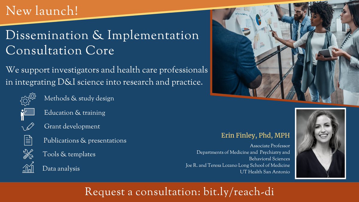 ReACHCntr's tweet photo. 🚨BREAKING!🚨 We have launched a new #DisseminationAndImplementation Consultation Core. Led by @Erin_Finley, we provide services to support investigators and health care professionals in integrating D&amp;I science into research and practice. Learn more at: https://t.co/czaRCYkcIF https://t.co/nhEDZyxeO0