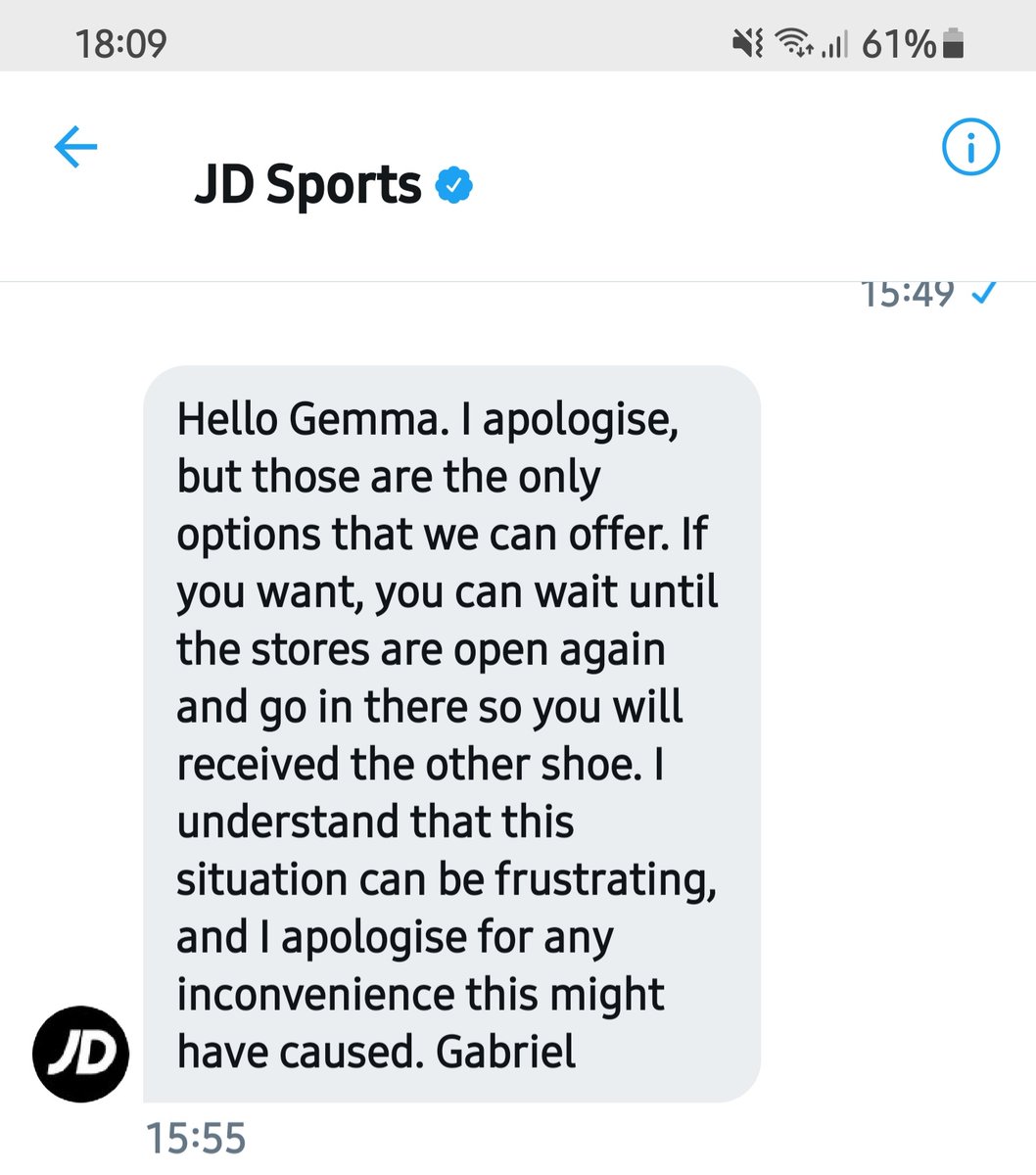 GemmaWare's tweet photo. @JDSports @JDhelpteam @TradingStdsBlog quite hilarious how JD Sports are calling this customer service.

Sent me ONE shoe and then suggest I wait until their stores reopen, potentially in April, to collect the other shoe in the pair 😂😂 sort it out JD

#fail #notgoodenough #poor https://t.co/NamzXCX3da