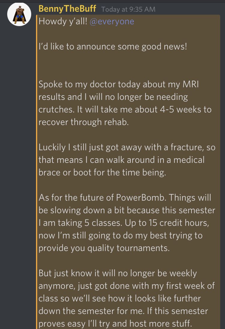 TK_PowerBomb's tweet photo. An important announcement and update for the future of Power Bomb. Thank you everyone who comes out to compete and show support. Looking forward to getting things running again soon! That being said, I may start doing streams, they will be short due to school. Thnx y’all!

-Benny https://t.co/pu1nClfbXE