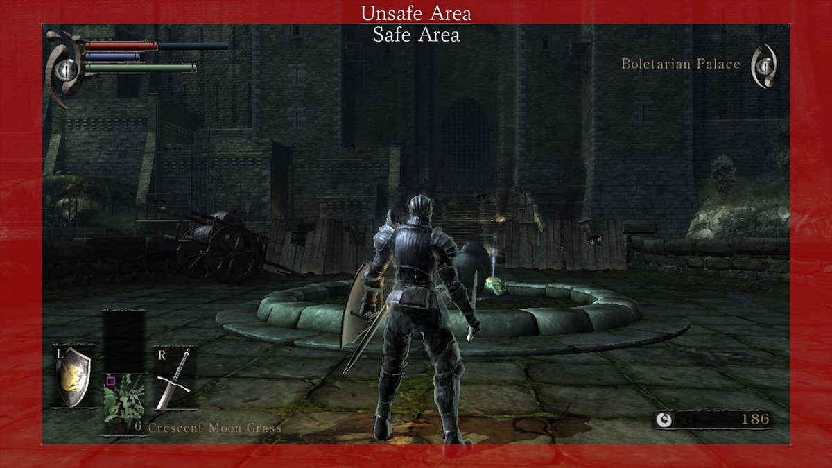 With that in mind, Demon's Souls is a perfect example of title-safe UI.Every HUD element is pushed right out to the edge of the Safe Area, with a bit of extra buffer to keep things comfortable. It's title-safe without covering too much of the middle-screen, which is the ideal.