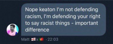 Says racism is freedom of speech