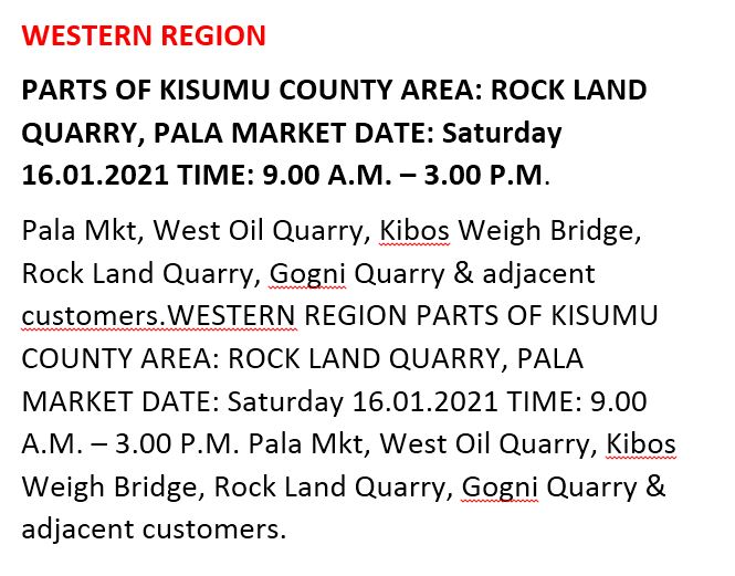 KenyaPower_Care's tweet photo. Good evening our esteemed customers, the following areas are scheduled for power interruption dated tomorrow (16/01/2021).^JM https://t.co/oDurwvVpt2