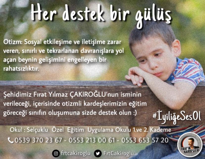Şehidimiz Fırat Yılmaz ÇAKIROĞLU’nun ismi ile açılacak olan bu sınıfa her birimiz az çok demeden destek olalım ✨
#İyiliğeSesOl