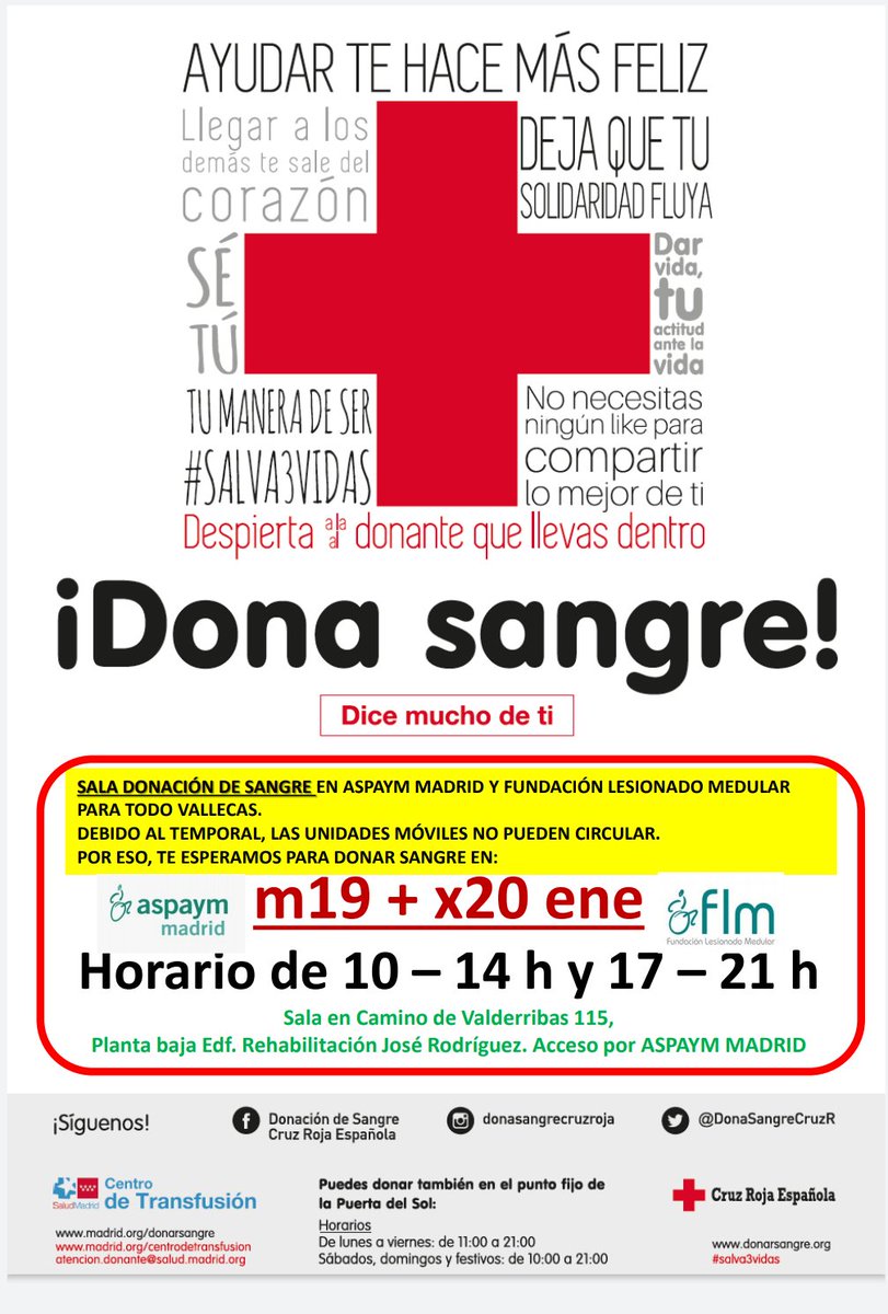 aspaym_madrid's tweet photo. 🩸 Como las unidades móviles no pueden circular, y ante la necesidad imperiosa de recoger más sangre, el 19 y 20 de enero acogeremos a @DonaSangreCruzR en @aspaym_madrid con acceso desde la calle y cumpliendo todas las medidas de seguridad.
🩸 ¡Te esperamos! #DonaSangreDonaVida https://t.co/GvawAdWCKr