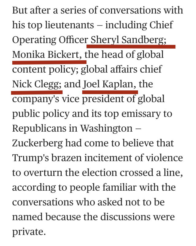 We’ve discussed before but here is the issue in Facebook’s banning decision (whether you agree or disagree). This entire chain of execs from Bickert up to Zuckerberg report into and lobby DC interests. Same group that decided not to take action on shooting and looting post. /1