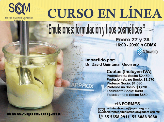 SQCMofficial's tweet photo. #sqcm #ifscc2021 #cursoenlinea
Conoce los conceptos fundamentales para el desarrollo y estabilización de los diferentes tipos de #emulsiones basados en su propósito cosmético y composición mínima.
REGÍSTRATE: https://t.co/Wy19I2g2U6 https://t.co/sfo8Bz9udI