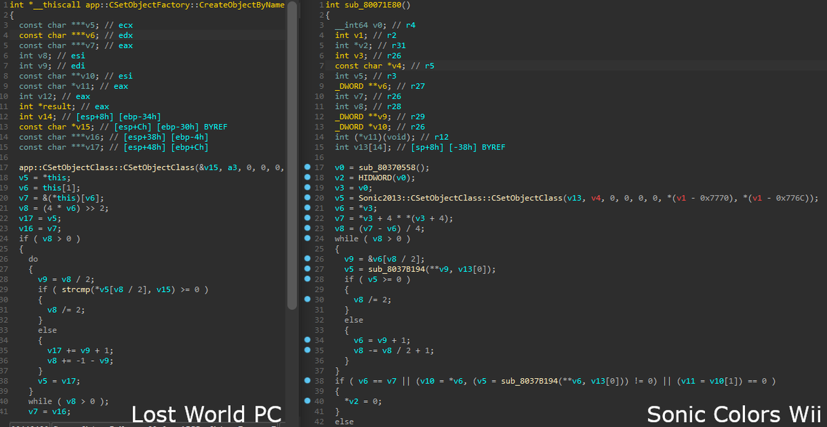 Now for the more technical parts, Colors and Lost World share a lot of code. For instance, the Universe library and the set object manager is pretty much the same, screenshots below. Some arguments appear incorrect because of the decompiler.